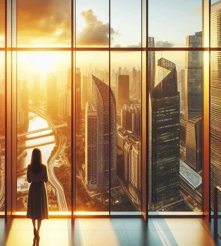نمای کرتین وال که نور خورشید را به داخل ساختمان منعکس کرده و دختری درحال تماشای منظره تابش خورشید است