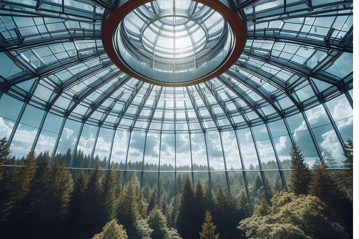 سقف شیشه ای با نمای درختان جنگل