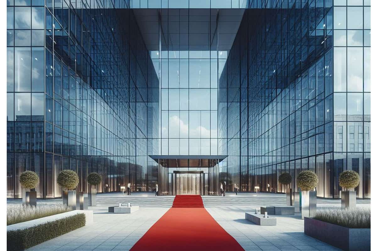 اجرای نمای شیشه ای ساختمانی با فرش قرمز بیرون ساختمان