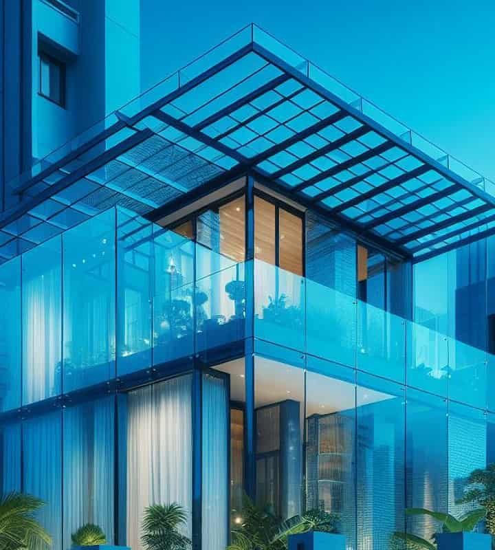 نرده شیشه ای مستحکم خانه ای آبی رنگ